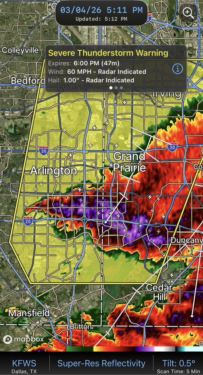 collinmyerswx's tweet image. 5:12pm - A Severe Thunderstorm Warning has been issued for Arlington, and Grand Prairie. This is for eastern Tarrant county and western Dallas county.