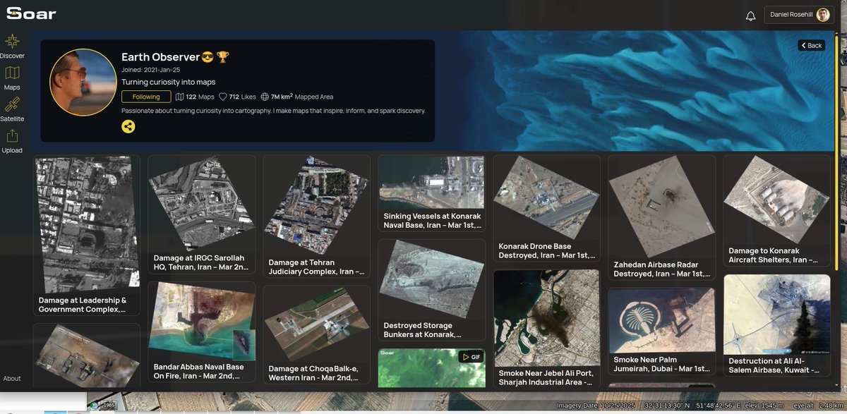 danielsrosehill's tweet photo. @SoarAtlas is a pretty crazy, "high signal" OSINT find! What's crazy, to me, is that the geocords of key IRGC bases are now public domain. Imaging: @vantortech.  #satint https://t.co/TjVXqfYIbZ