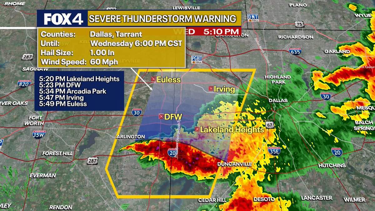 Fox4Weather's tweet image. (5:12pm) a SEVERE T-STORM WARNING has been issued for TARRANT and DALLAS county through 6pm. Quarter size hail and 60mph winds will be possible with this storm over Arlington and Grand Prairie as it moves N at 15mph. Head indoors and away from windows. #TXwx