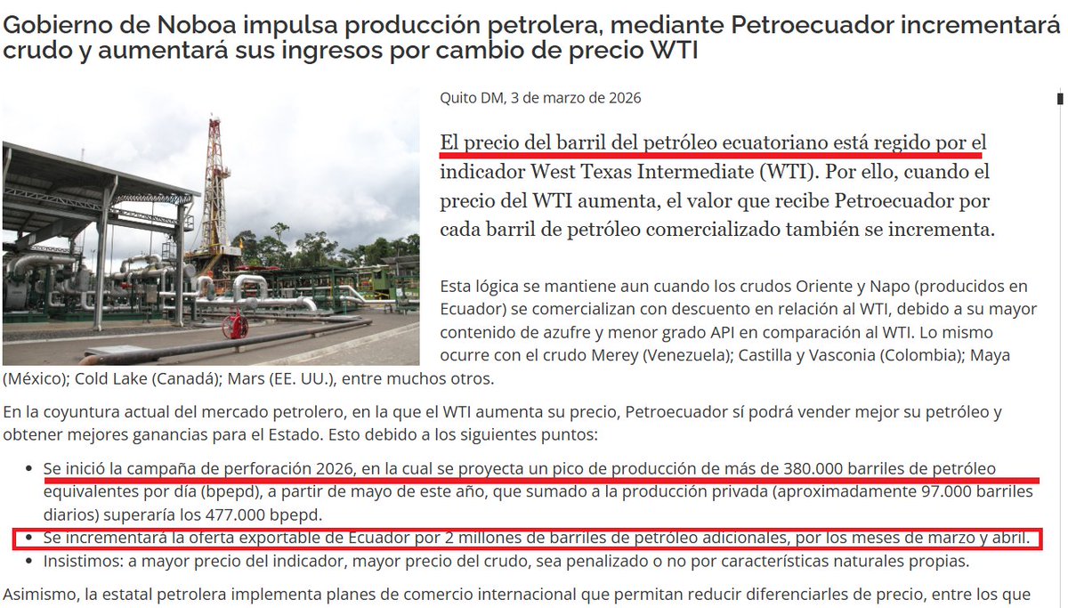 Atención! Mediante comunicado de Petroecuador pretenden hacer creer a la ciudadanía que dado el conflicto en medio oriente y el consecuente incremento de precios del petróleo de referencia WTI, el “Nuevo Ecuador” aprovechará e incrementará la extracción de crudo en 2 millones de