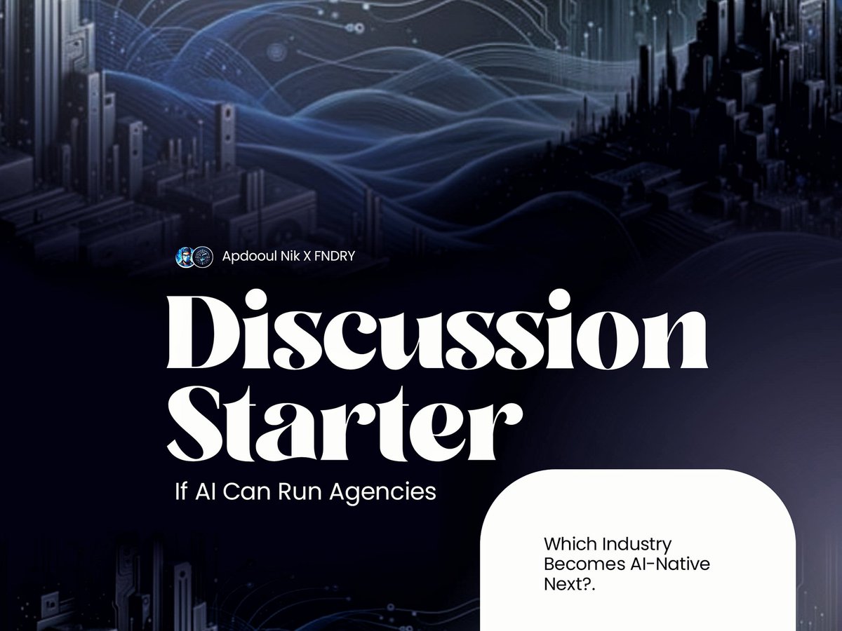 Apdooul's tweet photo. Tweet 10 (Discussion Starter)
If AI agents can run agencies today…

Which industries become AI-native next?
Marketing? Consulting? SaaS? Autonomous media?

Is this the start of autonomous digital enterprises?

@getfndry @Zenkoprotocol
#AIagents #Web3 #Automation #AIEconomy https://t.co/9XaHtjy7WB