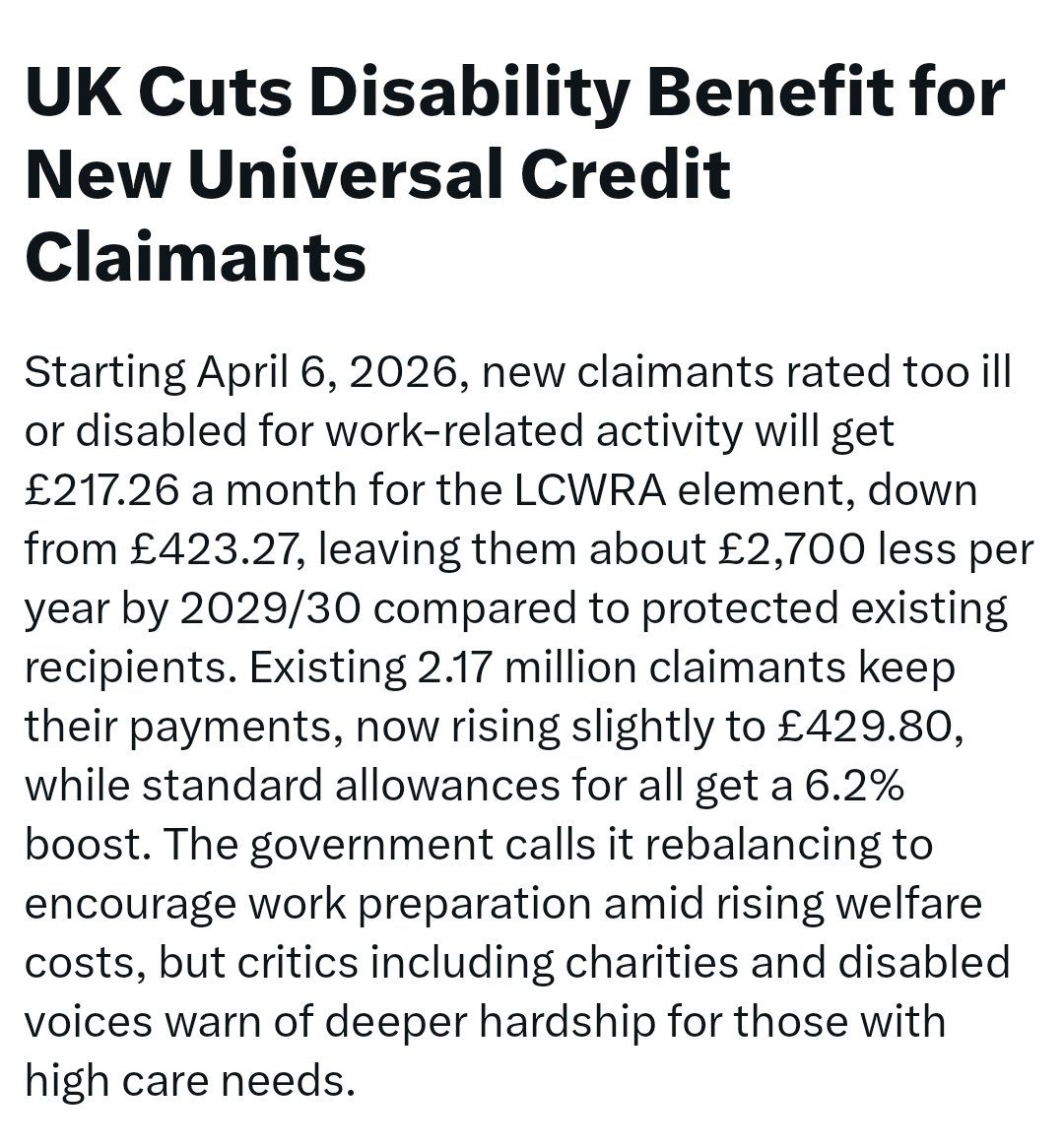 'Rebalancing to encourage work preparation amid rising welfare costs' so let's target people rated too ill or disabled for work-related activity. Over £200 a month less for new claimants from April 2026. WTF. Sheer cruelty.