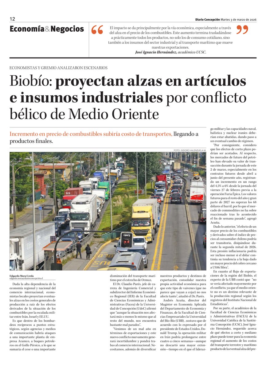 Opinión económica en Diario Concepción, edición martes 3 de marzo 2026, pp. 12-13:  "Biobío: proyectan alzas en artículos e insumos industriales por conflicto bélico de Medio Oriente"

<a href="/faceubb/">FACEUBB</a> <a href="/economiaUBB/">Departamento de Economía y Finanzas FACE-UBB</a> 

diarioconcepcion.cl/economia/2026/…