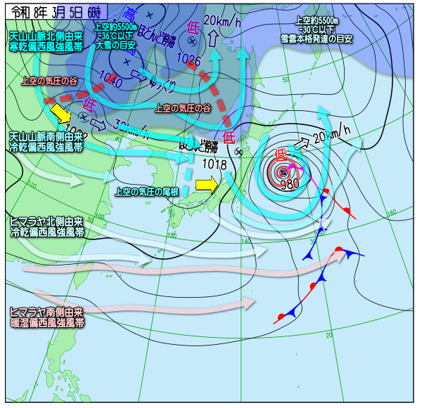 アニメの天気図を静止画で。 偏西風の南側蛇行域（気圧の谷）に地上低