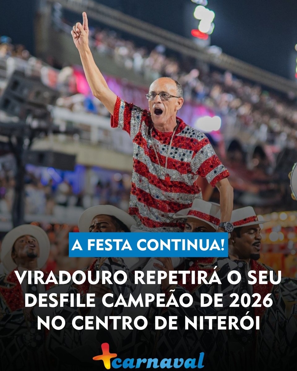 🎉 A Viradouro fará o seu desfile campeão do #Carnaval2026 no próximo dia 7 de março, na Avenida Amaral Peixoto, no Centro de Niterói, local onde a escola realiza seus ensaios de rua, como forma de comemorar o campeonato homenageando Mestre Ciça, junto a sua cidade de origem