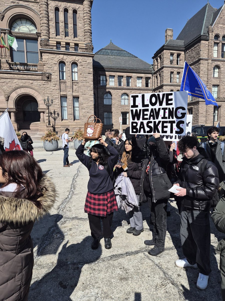 isaaccallan's tweet image. One of several basket weaving banners and placards on display at the student protests today at Queen's Park. #Onpoli