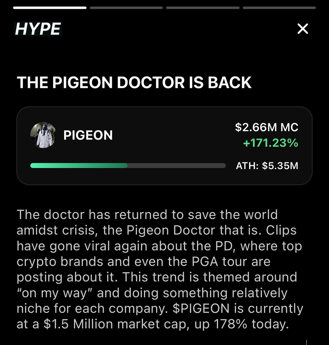HypeHQ's tweet photo. Today’s Memecoin News                           
- The $PIGEON doctor is back     
- $maxxing is the term of the decade     
- $GYMSKIN is the number 1 influencer   
+ more                             

Read about it on the Hype app below https://t.co/4LtvKsy8Z0
