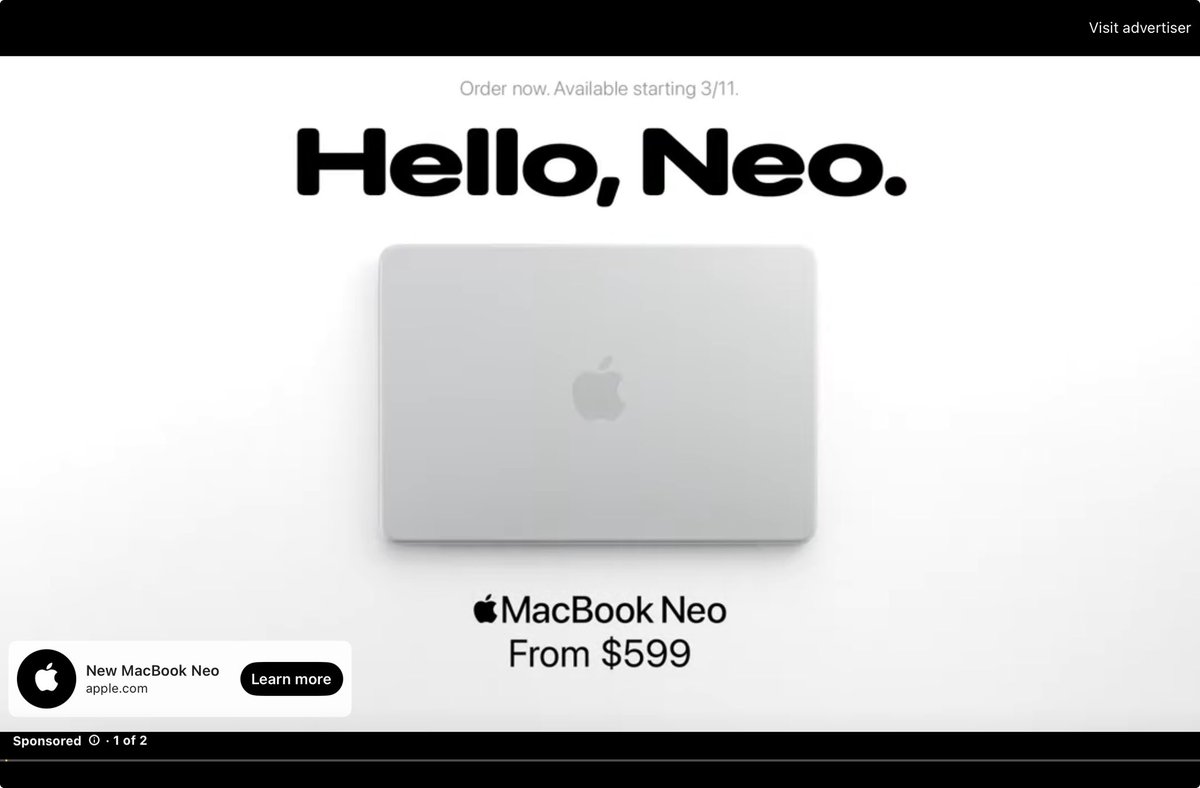 Kitten89775567's tweet photo. New Apple MacBook Neo ad running on YouTube @zollotech #apple #MacBookNeo #MacBook https://t.co/IOERWOrRGL