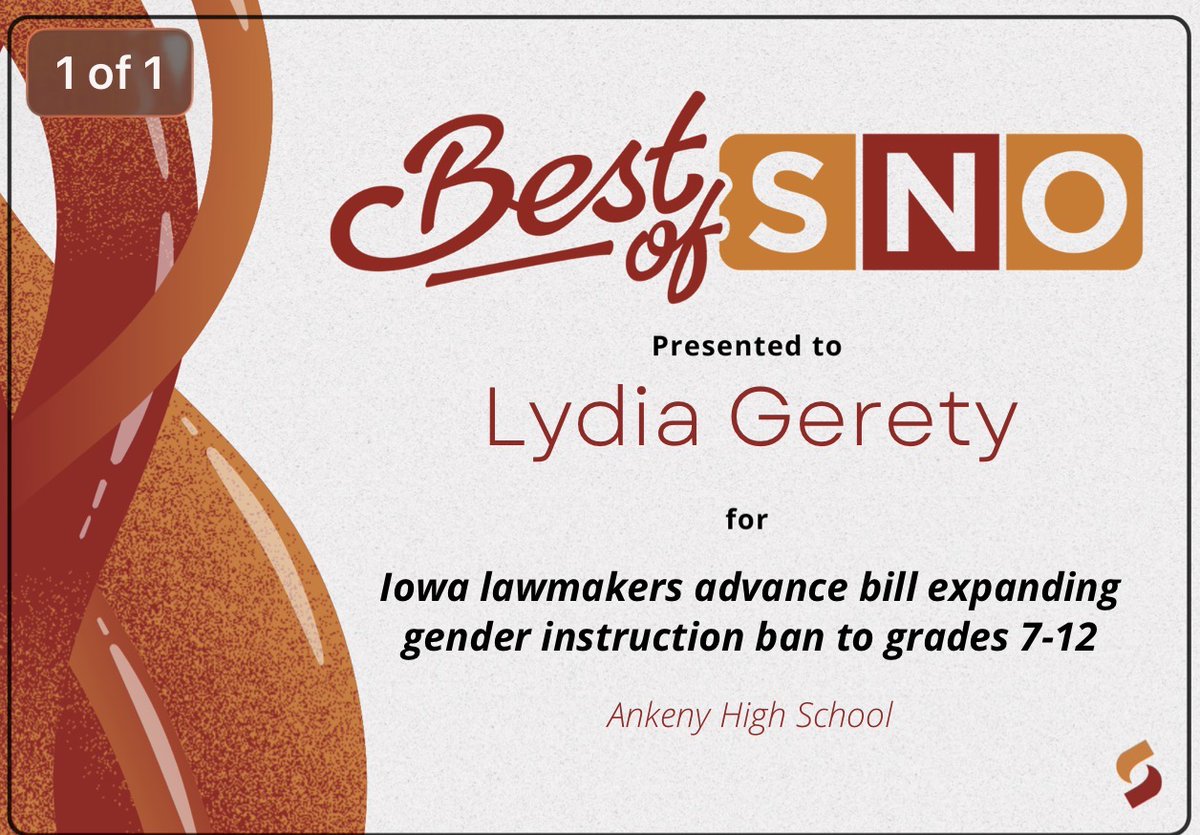 BIG WINS for The Talon! 
Congrats to EIC Lydia Gerety on her 10th @bestofsno award for her coverage of Iowa legislative bills! 
And a huge shoutout to Mili Lopez on her 1st Best of SNO award for her feature on animal welfare! 
National recognition for Ankeny’s finest journalists!
