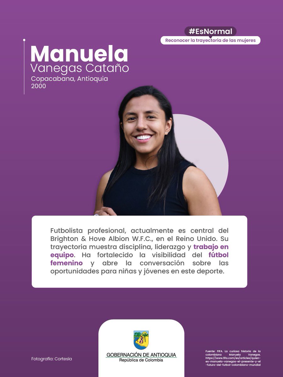 MujeresAnt's tweet photo. #EsNormal que las mujeres se destaquen en el fútbol profesional. 💜⚽️

@Manuvanegas0911 lo ha demostrado desde la infancia y hoy, con su participación en torneos de categoría mundial, fortalece la visibilidad de las mujeres en el fútbol… https://t.co/dZ8dSthgUH