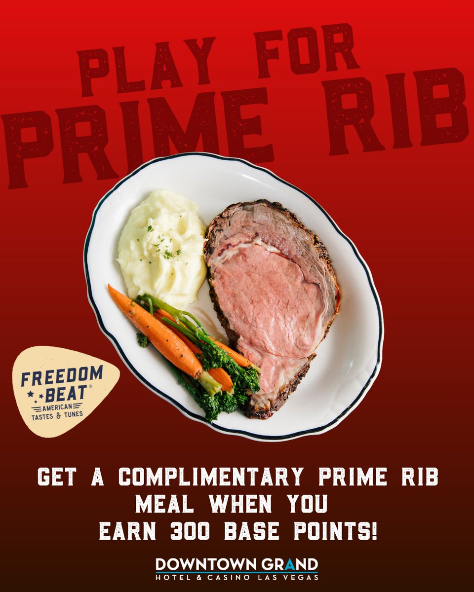 Downtown_Grand's tweet photo. Prime Rib is back on the menu! Starting Thursday, after 10 am, Grand Rewards Members can get a free meal after earning 300 points. #freemeal #primerib #casinopromo #vegaslocals https://t.co/YQewXwW5YJ