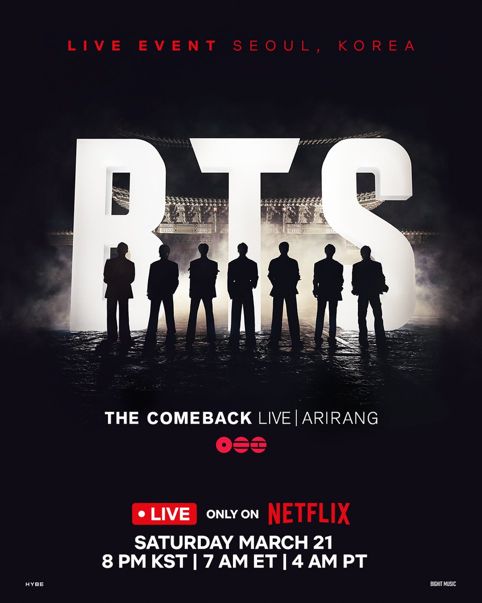 ARMY, are you ready?

<BTS 컴백 라이브: ARIRANG>, 3월 21일 오후 8시 넷플릭스에서 단독 생중계.

#BTSLiveonNetflix #BTS_ARIRANG