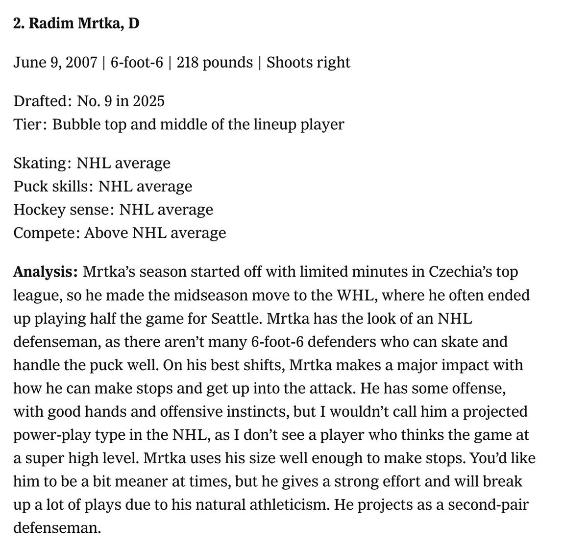 bluesfanforum's tweet photo. Here is what The Athletic's Corey Pronman wrote about Radim Mrtka back in August. Still waiting for confirmation from Parayko's camp. #stlblues #bufsabres #nhltradedeadline https://t.co/BmWi5TlUMP