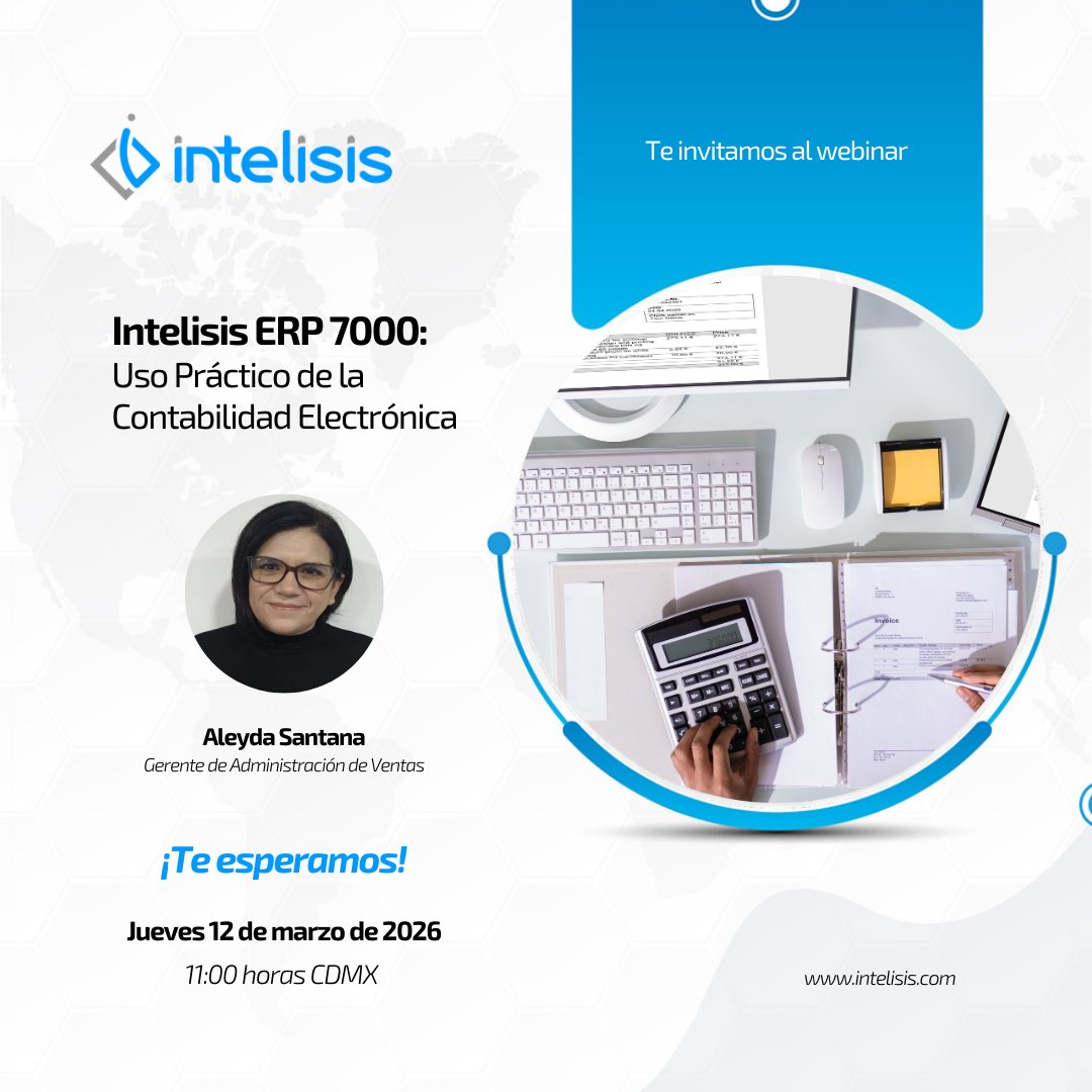 IntelisisCorp's tweet photo. En este #webinar abordaremos el uso práctico de la #contabilidadElectrónica dentro de #IntelisisERP7000 revisando cómo operarla correctamente en el sistema y qué puntos es importante cuidar para cumplir ante el SAT. Regístrate: https://t.co/RTuaFD4jha #Intelisis #IntelisisSoftware #ERP #Innovación