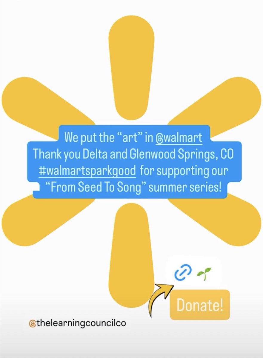 JuniperCircle's tweet image. We put the “art” in @Walmart 

Excited to share that we’ve received Spark Good local grants to support “From Seed To Song” this summer in Paonia Park, as part of the Arbol Farmers Market! 🌱 

We are proud to spark good in our community! 

#SparkGood #circleofsupport
