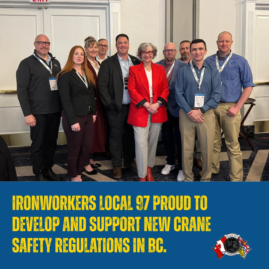 Local 97 is proud of the safety improvements that will come with new regulations for crane operation in BC.

Local 97's Doug Parton and Derek Dinzey were proud to represent Ironworkers at the Crane Safety Table with Minister <a href="/JM_Whiteside/">Jennifer Whiteside 🇨🇦</a>  to address crane safety issues.
