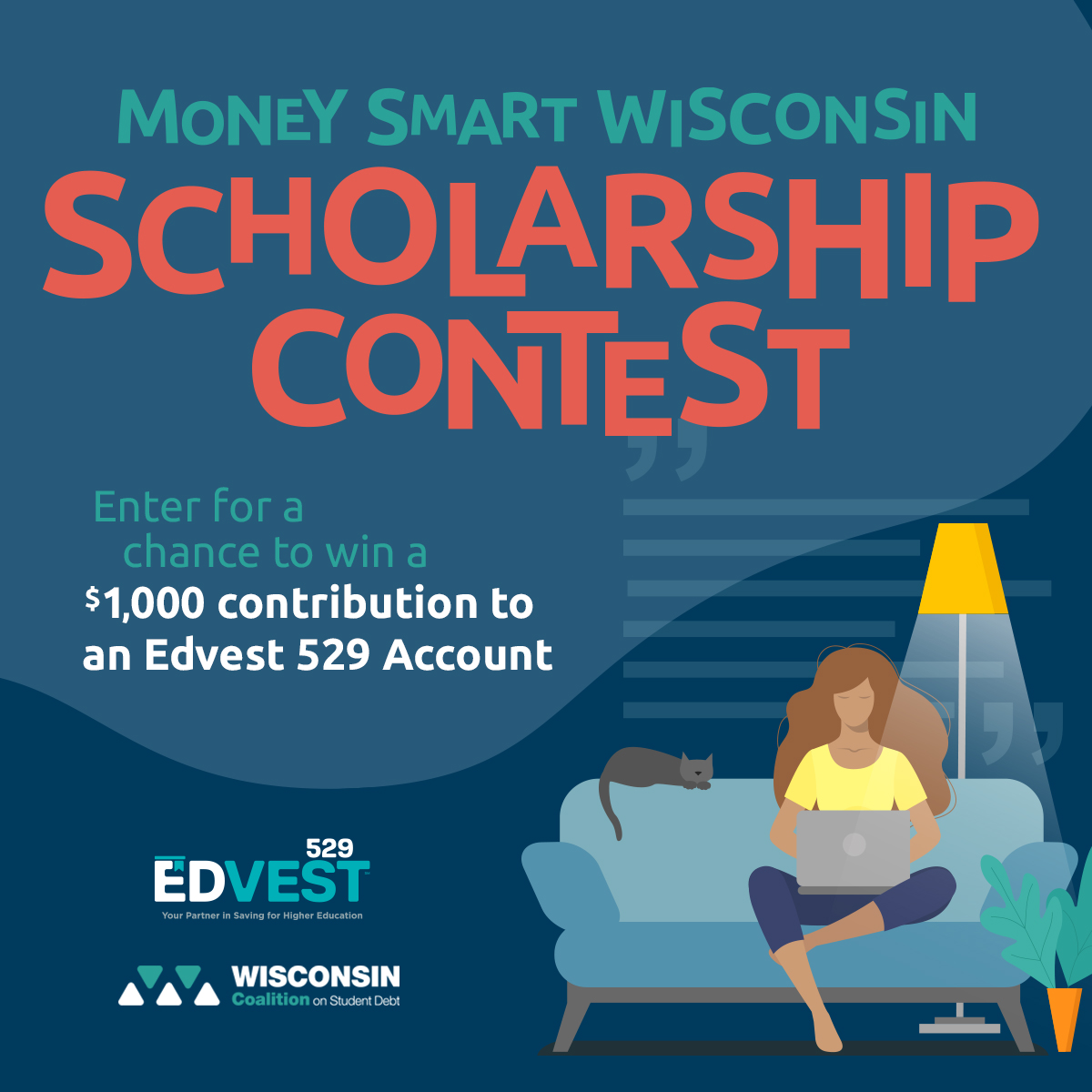 WIS_DFI's tweet photo. 📢 Attention Wisconsin High School Seniors 📢

The Money Smart Wisconsin Scholarship Contest is accepting essay submissions until Friday, March 6, for a chance to win a $1,000 contribution to an @Edvest529 account. 

Learn more &amp; submit an essay today! ➡️ https://t.co/hP3u3eCuoA https://t.co/F2T1yrTxbN