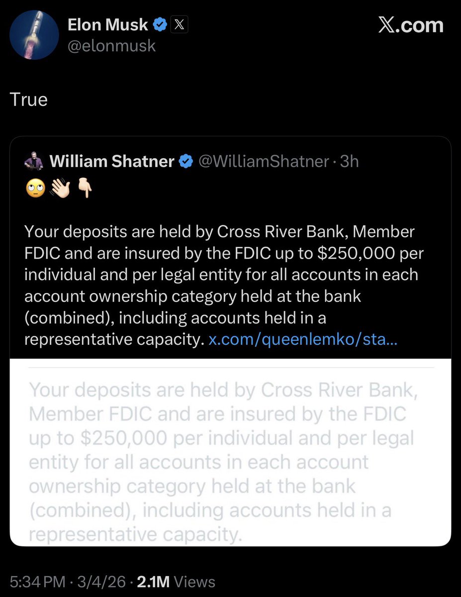Verified by Elon Musk 👌 

X Money runs through Cross River Bank

x.com/elonmusk/statu…