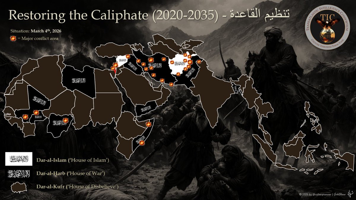 cyberpionier's tweet photo. "Restoring the Caliphate by 2035..." (Al-Qaeda's POV)
π³οΈ Islamic Emirates (Afghanistan & Syria)
π΄ Al-Qaeda's 'Priority Countries' (to establish 'the right conditions')
#UnderstandingGlobalJihad https://t.co/6AGnZj2g5s