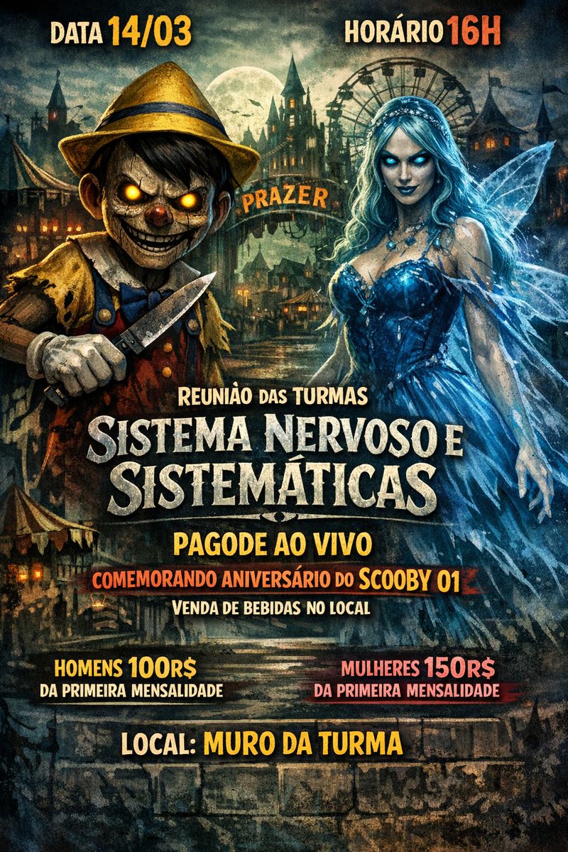 14/03 PRIMEIRA REUNIÃO DA TURMA 🥳
AS 16H - CHEGAR COM 100$ DA MENSALIDADE  PRA DARMOS INÍCIO AO PROJETO 

PAGODE AO VIVO 
ANIVERSÁRIO DO 01

OBS : QUEM NÃO TROUXER MENSALIDADE ESTÁ FORA 🚷

NAO DEIXA 

Sempre deixe a consciência ser seu guia 🫡

LOCAL: RUA TENENTE PALESTRINA 715