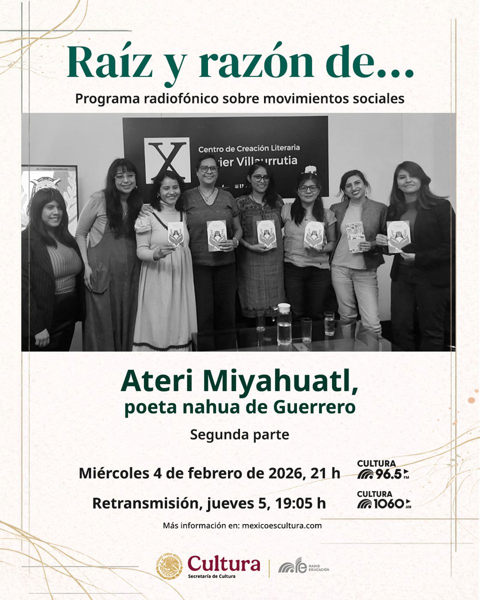 RadioEducacion's tweet photo. Hoy en #RaízyRazónDe… 🌿 no te pierdas a las voces que sostienen la memoria y la lucha ✊🏼

Escucha la segunda parte del programa con Ateri Miyahuatl, poeta nahua de #Guerrero 🎙️
Recuperando #momentos de su libro #Kalpan

📅 Miércoles 4 de marzo, 21 h
📻 #Cultura965FM https://t.co/BANixZb1fn