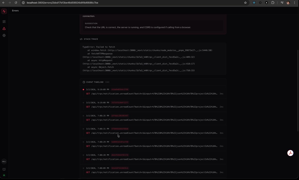 Meghashyamss's tweet photo. I was mass producing console.log for debugging so I built my own error monitoring tool. 

One command. Runs on localhost. Free forever. 

npx errpulse 

It catches every error across your React frontend and Node.js backend, shows them in a real-time dashboard, and explains each error in plain English. 

No signup. No cloud. No Docker. Just run it and debug faster.