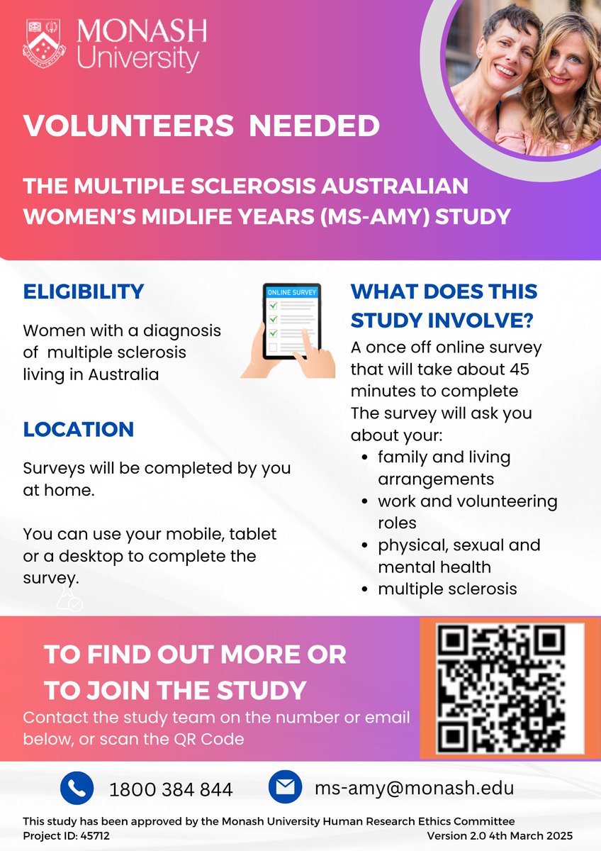 MS_Australia's tweet image. Researchers at @MonashUni are seeking women living with #MS between the ages of 40-69 to participate in a study to understand the physical health, psychological, sexual &amp;amp; socioeconomic wellbeing of midlife women with MS.

Learn more and participate 👉 bit.ly/45C6PzQ