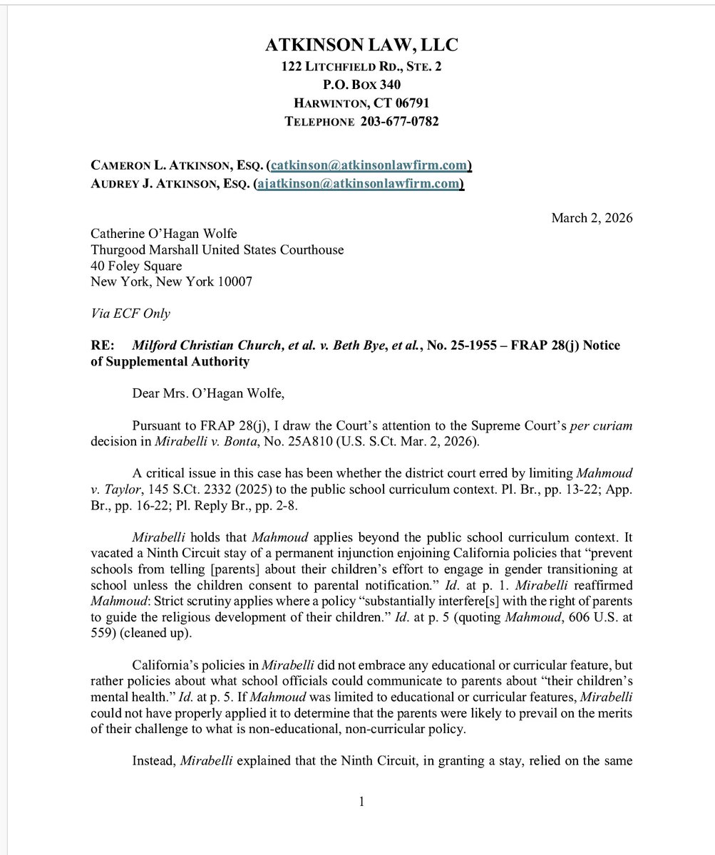 camlatkinson's tweet photo. The U.S. Supreme Court delivered the miracle we needed for religious exemption cases. I am particularly proud of the way @AtkinsonLawLLC was able to file this letter on behalf of Milford Christian Church with the Second Circuit within hours of the Supreme Court's decision.

Shortly after we filed the letter, our case was scheduled for oral argument on April 22, 2026. We are asking that you pack the Second Circuit courtroom in Manhattan on April 22, 2026. Your presence will mean a lot, and it will show that we will never give up on our fight for religious liberty.

Thanks to @WTPatriotsUSA, we have one of the most important religious liberty schedules in the country for April and May. On April 17, we will argue for California school religious exemptions in the Ninth Circuit. On April 22, we will argue for Connecticut school religious exemptions in the Second Circuit. On May 4, we will begin a three-week trial in Boston for Title VII religious exemptions.

@WTPatriotsUSA has taken a lot of heat for the work it does, and precious few people want to be its friends and supporters. It still has persisted at great sacrifice and on a fraction of the resources necessary to pursue these religious liberty battles and is poised to deliver a massive spring and summer in defense of religious liberty.

I can imagine no greater honor than being the man at the podium for these cases.