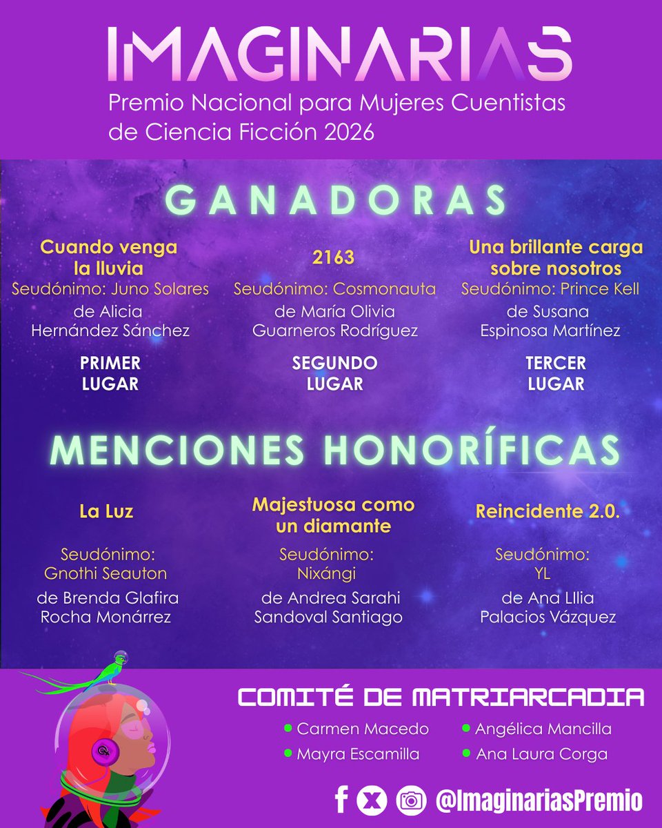 ImaginariasP's tweet photo. Estamos muy felices por anunciar a las ganadoras del “Imaginarias. Premio Nacional para Mujeres Cuentistas de Ciencia Ficción 2026” 💜✨ https://t.co/dNWz0bgvHc