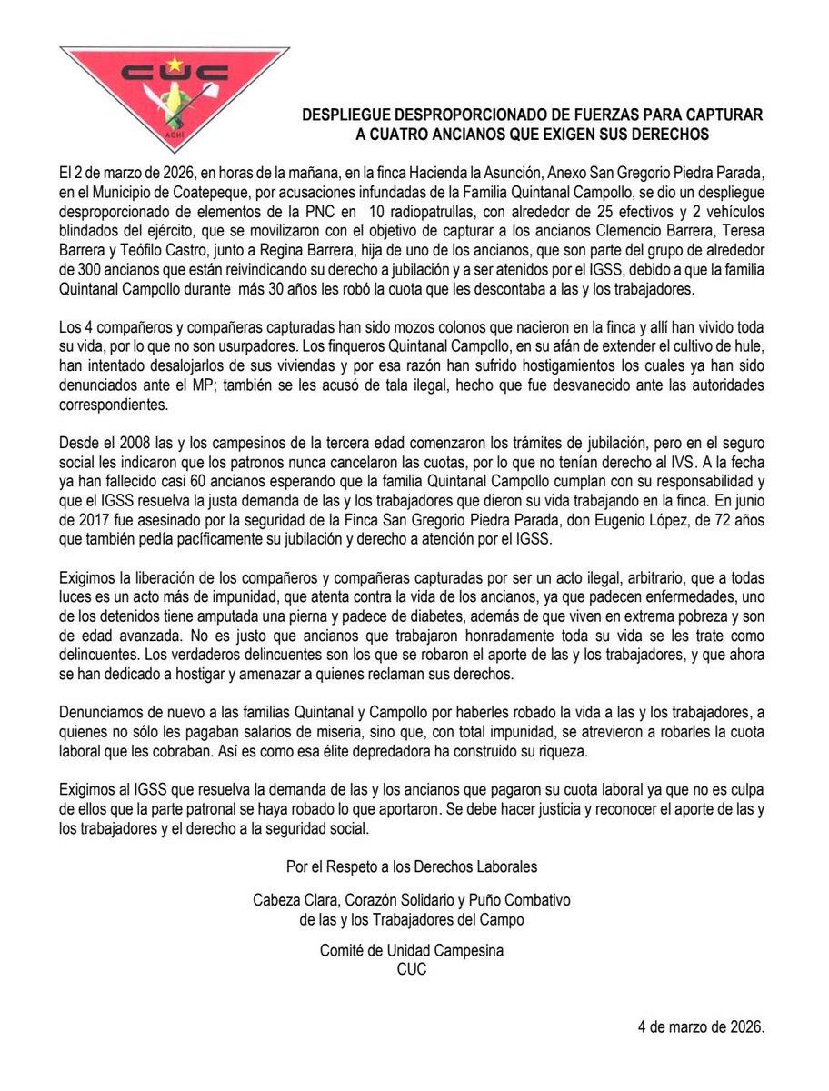 Cuatro ancianos fueron detenidos en la finca Hacienda La Asunción, ubicada en Coatepeque con un operativo que incluyó 10 autopatrullas 

La detención se debe a una denuncia de la familia Quintanal Campollo por una demanda que 300 personas de la tercera edad realizan al
