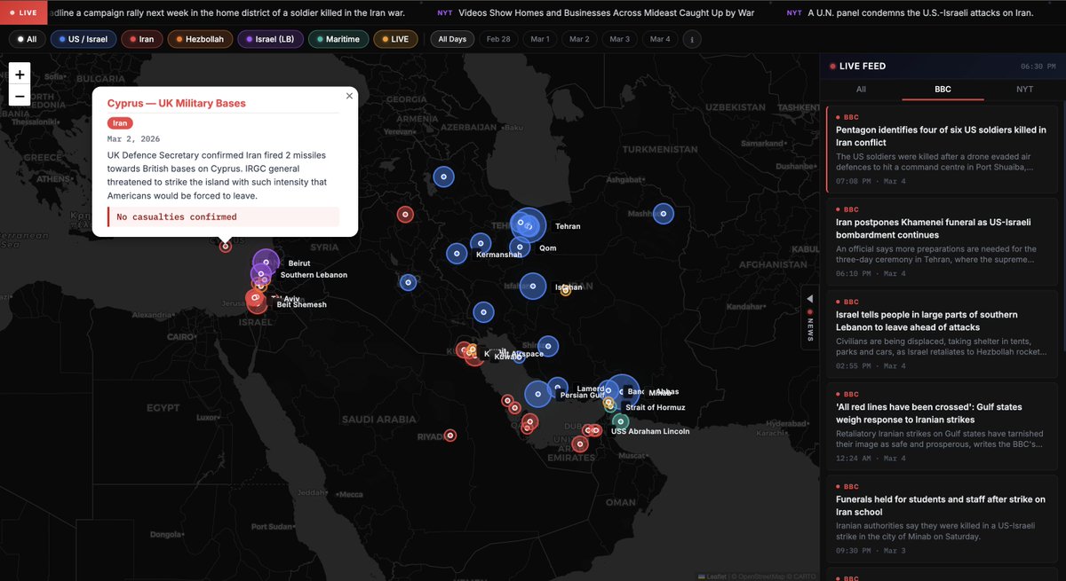 awkcode27831's tweet photo. This map shows every military strike in the Iran conflict — updated live.

45+ strikes across 10+ countries. Color-coded. Casualties visualized.

Share this.

#WW3 #WWIII #Iran #IranAttack #IranIsraelWar #BreakingNews #OSINT #MiddleEast #Viral #Trump #War https://t.co/x0C0u7CrXX