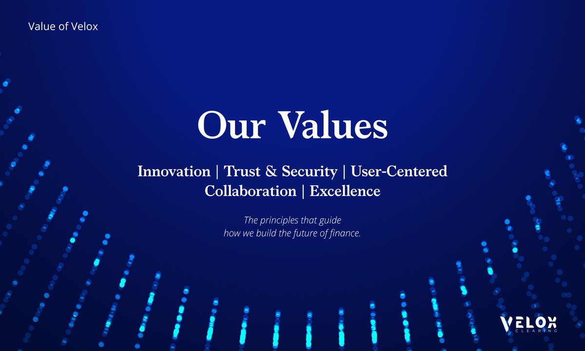 VeloxClearing's tweet photo. At our company, the way we build products, serve our users, and work as a team is guided by five core principles: Innovation, Trust &amp; Security, User-Centered, Collaboration, and Excellence.
These values shape how we think, how we build, and how we grow. https://t.co/R3IUzDovQn