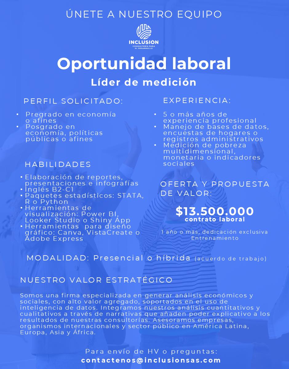 InclusionSas's tweet photo. 📢 ¡EN INCLUSIÓN ABRIMOS VACANTE!: Buscamos líder de medición: pregrado en economía y posgrado en economía o afines. 

Consulta los términos de la convocatoria acá 👇👇y ayúdanos a correr la voz #TrabajoSiHay 

Envía tu postulación a:
📩contactenos@inclusionsas.com https://t.co/dES95IJRyC