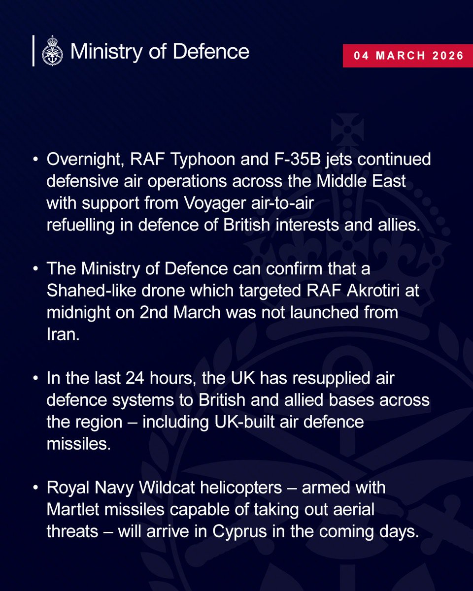 Que el Ministerio de Defensa Británico asegure en un comunicado que el drone que impactó en la base de Chipre NO LO LANZÓ IRÁN, es de lo más grave y preocupante que hemos leído esta noche. 
Alguien está jugando muy sucio e intenta meter a todo Dios en esta peligrosa guerra.