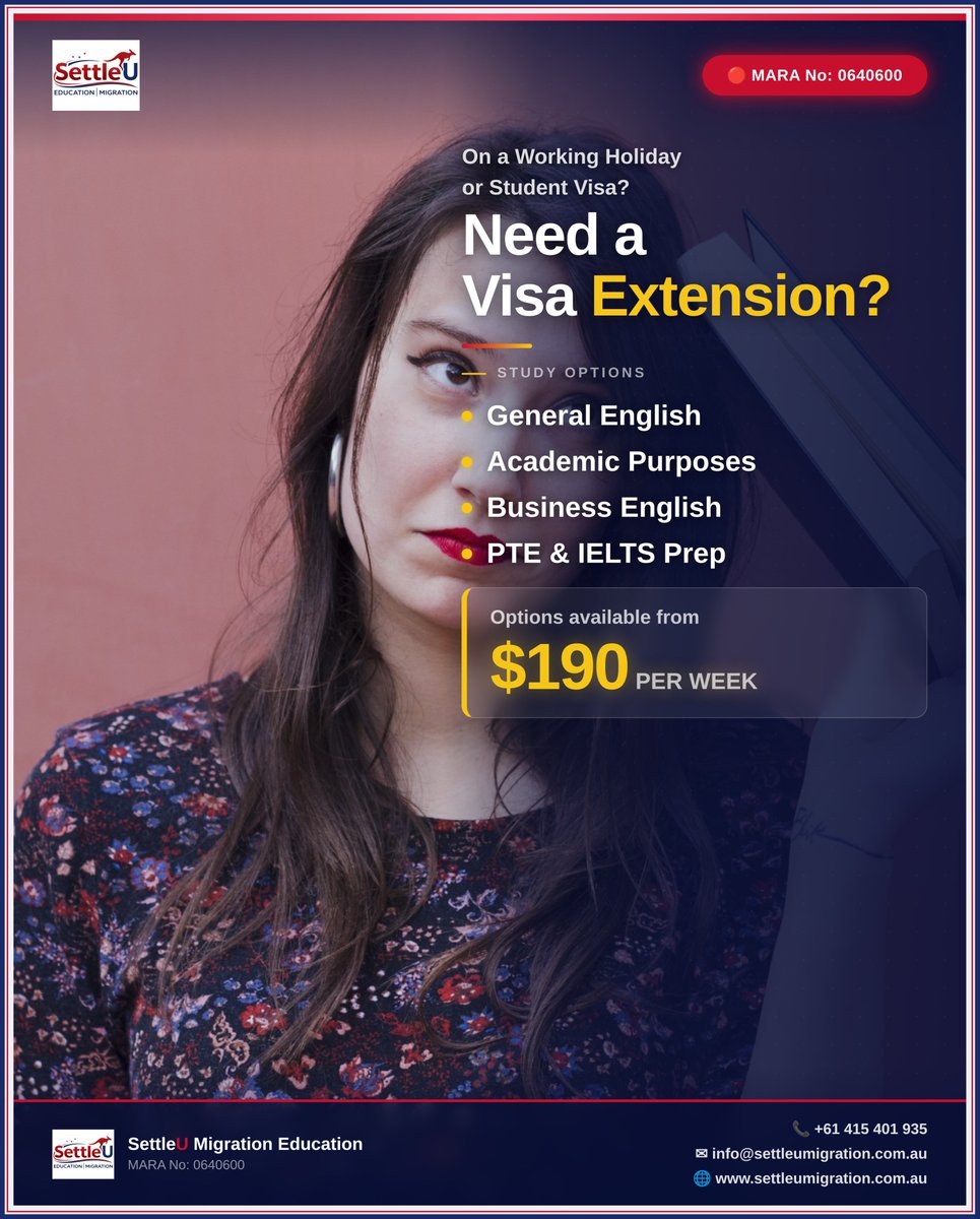 SettleuM39075's tweet image. Need to extend your stay in Australia?

If you're on a Working Holiday or Student visa, continuing English studies could be an option.

Courses from $190/week.

Contact us to explore your options.

#StudyInAustralia #StudentVisaAustralia #WorkingHolidayVisa #VisaExtension