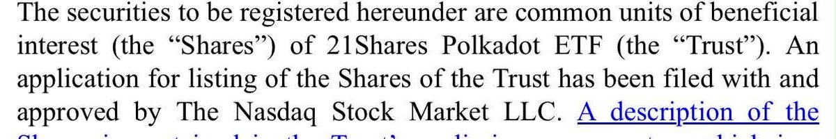 21 Shares Polkadot ETF update! 🚨

✅ Paperwork is DONE.  
✅ Shares are officially registered &amp; cleared.  
✅ Nasdaq has approved the listing. 

S-1 registration statement is already auto-effective under the automatic 20-day rule (Section 8(a)). - SEC gave no negative feedback.