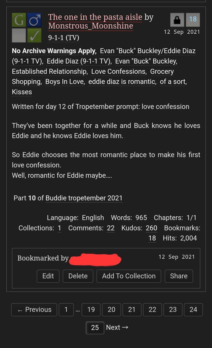 QueerLitebrite's tweet photo. @reyesmp4 Hope this serves as proof! My first Buddie fanfic bookmark was 09/12/2021! (25 pages of just 9-1-1 fanfic bookmarks lol) https://t.co/BGfcRGPI1n