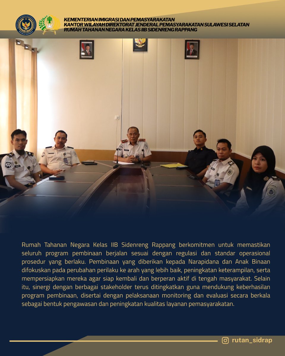 rutan_sidrap's tweet photo. Halo Sobat RuSiRa 🙌

Rumah Tahanan Negara Kelas IIB Sidenreng Rappang berkomitmen untuk memastikan seluruh program pembinaan berjalan sesuai dengan regulasi dan standar operasional prosedur yang berlaku. 

#ditjenpas
#pemasyarakatan
#rutansidrap
#guardandguide https://t.co/RxohiGS6XR