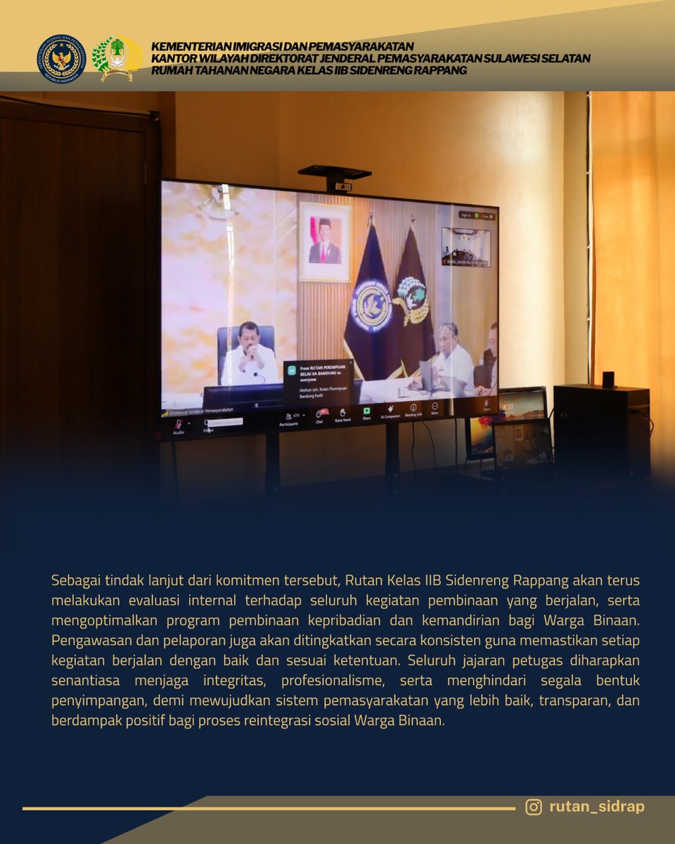 rutan_sidrap's tweet photo. Halo Sobat RuSiRa 🙌

Rumah Tahanan Negara Kelas IIB Sidenreng Rappang berkomitmen untuk memastikan seluruh program pembinaan berjalan sesuai dengan regulasi dan standar operasional prosedur yang berlaku. 

#ditjenpas
#pemasyarakatan
#rutansidrap
#guardandguide https://t.co/RxohiGS6XR