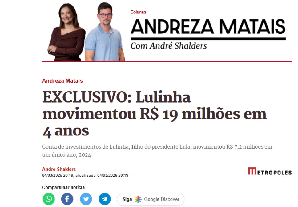 Lulinha movimentou R$ 19 milhões só em uma de suas contas! Esperemos as demais. 

Não espantam as tentativas do PT e supremas para impedir que a CPMI do INSS tenha acesso a essa informação.

via @ andreshalders