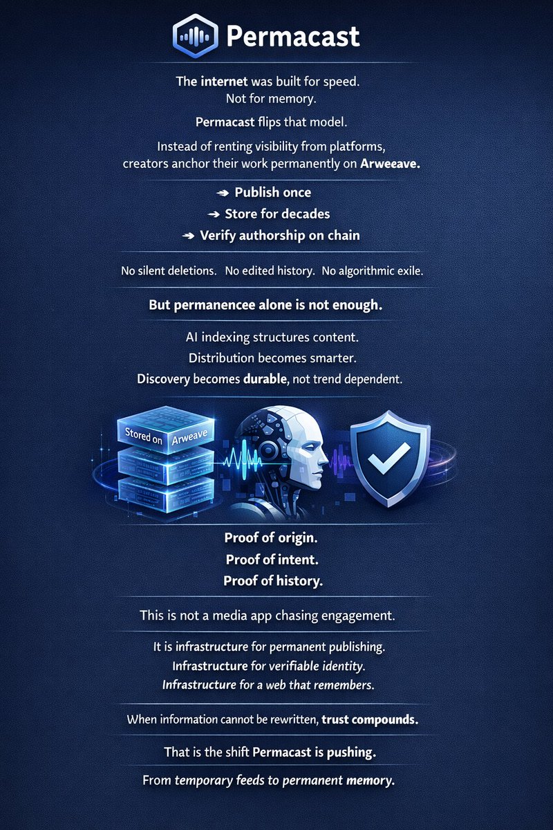 GOOD MORNING Permacast

Most creators post for reach.
<a href="/permacastapp/">Permacast.app</a> builds for permanence.

It’s an AI-powered permanent media network that stores every podcast, video and article forever on Arweave  verifiable, censorship-resistant, and owned by you.

What stands out isn’t just