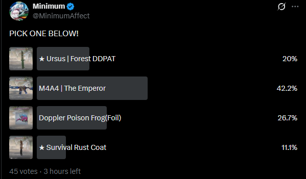 Looks like the M4A4 The Emperor is the giveaway ITEM

🚨TTV/MinimumAffect (LIVE RIGHT NOW)