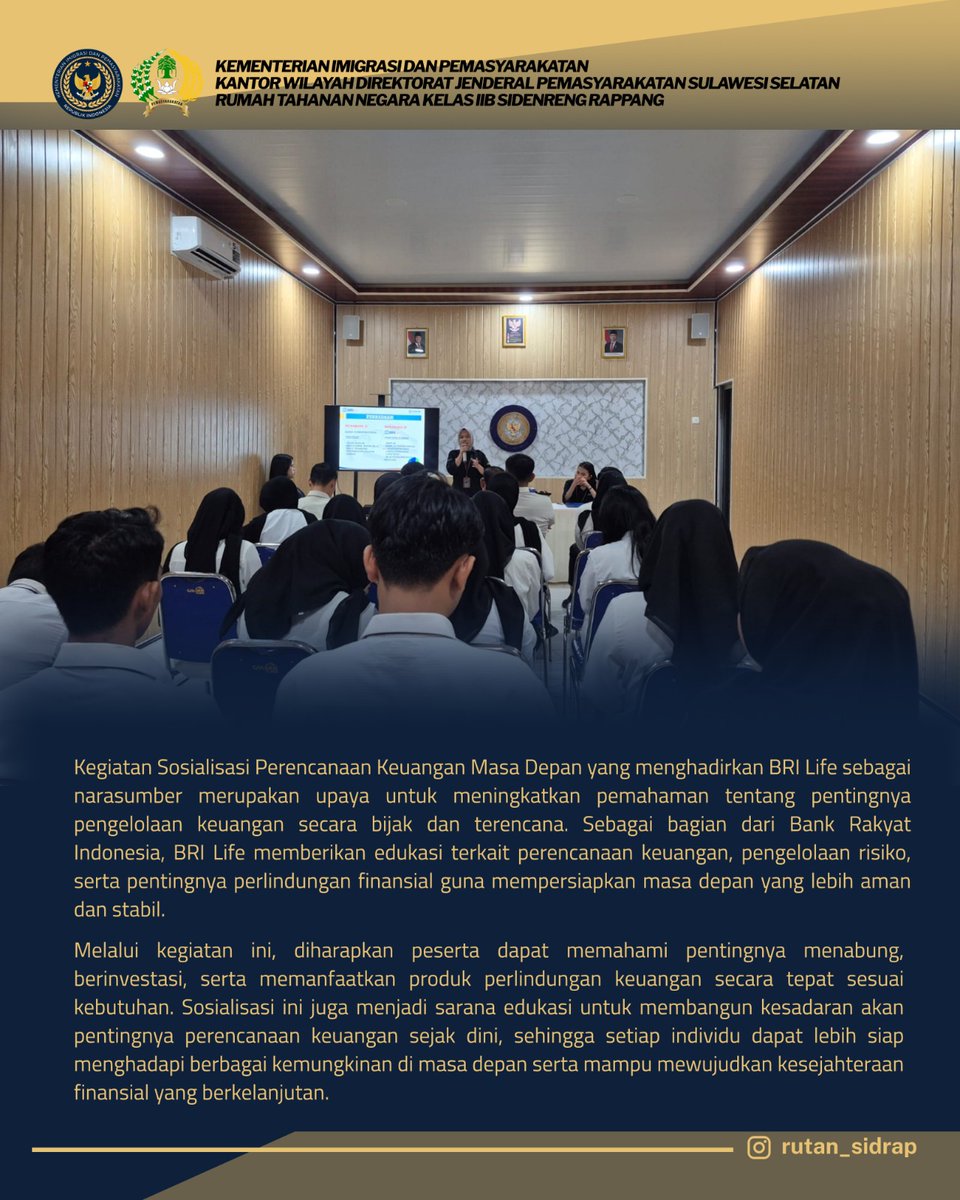 rutan_sidrap's tweet photo. Halo Sobat RuSiRa🙌

Jajaran Rutan Sidrap Mengikuti Kegiatan Sosialisasi Perencanaan Keuangan Masa Depan yang menghadirkan BRI Life sebagai narasumber merupakan upaya untuk meningkatkan pemahaman tentang pentingnya pengelolaan keuangan secara bijak dan terencana. https://t.co/rIB9IEuW4R