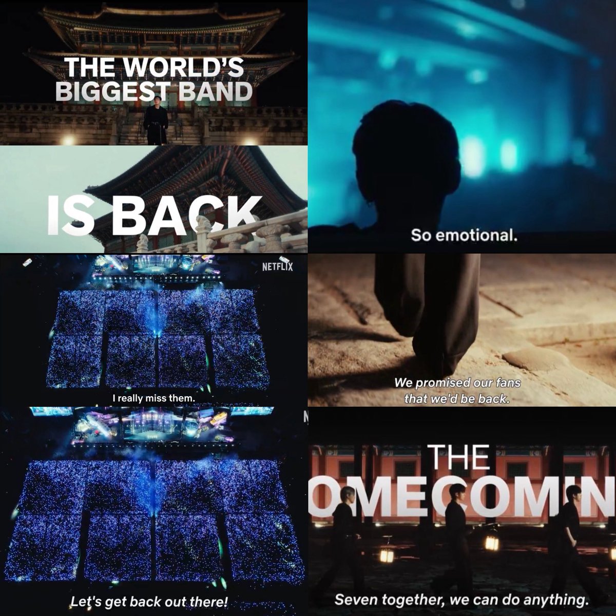 "Prometimos a nuestros fans que volveríamos"
"Realmente los extraño"
"Emocionante"
"Volvamos a salir"
"Los siete juntos podemos hacer cualquier cosa"
"La banda más grande del mundo está de regreso"

BTS THE COMEBACK LIVE IS COMING
#BTSxNetflix #BTSLIVE    
#BTSLiveonNetflix