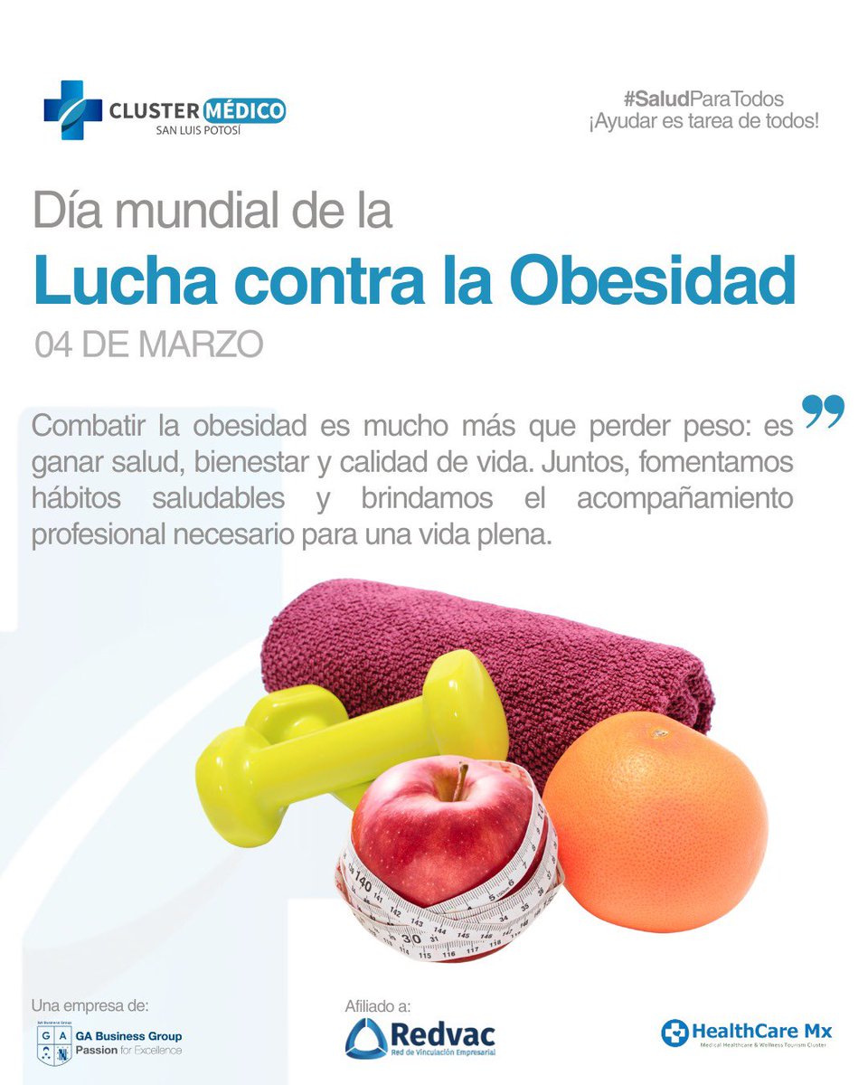 🌍💪 Día Mundial contra la Obesidad  
Combatir la obesidad no significa solo perder peso, significa ganar salud, bienestar y calidad de vida.
#SaludParaTodos #Bienestar #WorldObesityDay #ClusterMedicoSanLuis