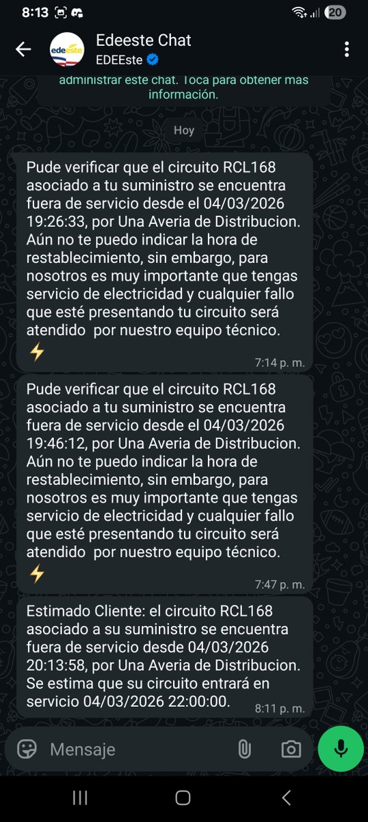 Jhonasis83's tweet photo. En serio @EdeesteRD , nos daran 4 horas para solucionar la Avería desde las 6 pm, adicional a las 5 y 6 intermitencias que se presentan en el día? https://t.co/A7NbUnyLaH
