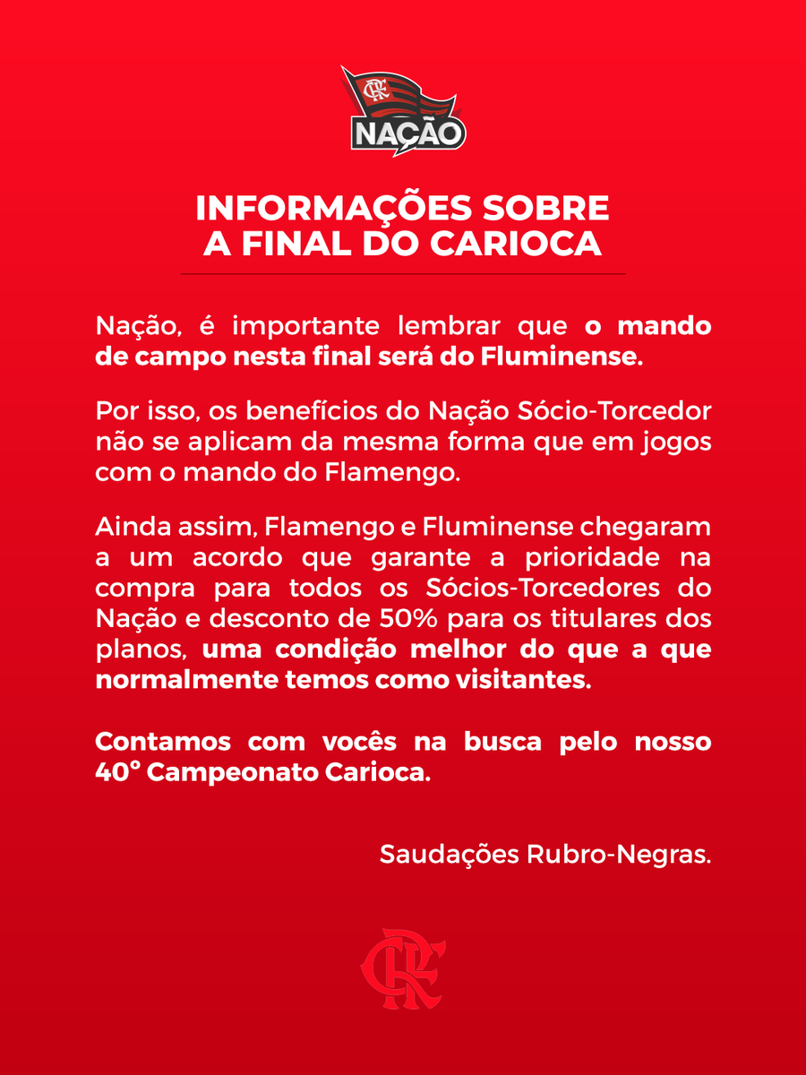 NacaoCRF's tweet photo. Esclarecimento sobre os ingressos de Fluminense x Flamengo, final do Campeonato Estadual 2026. https://t.co/iNm5yOV0P9