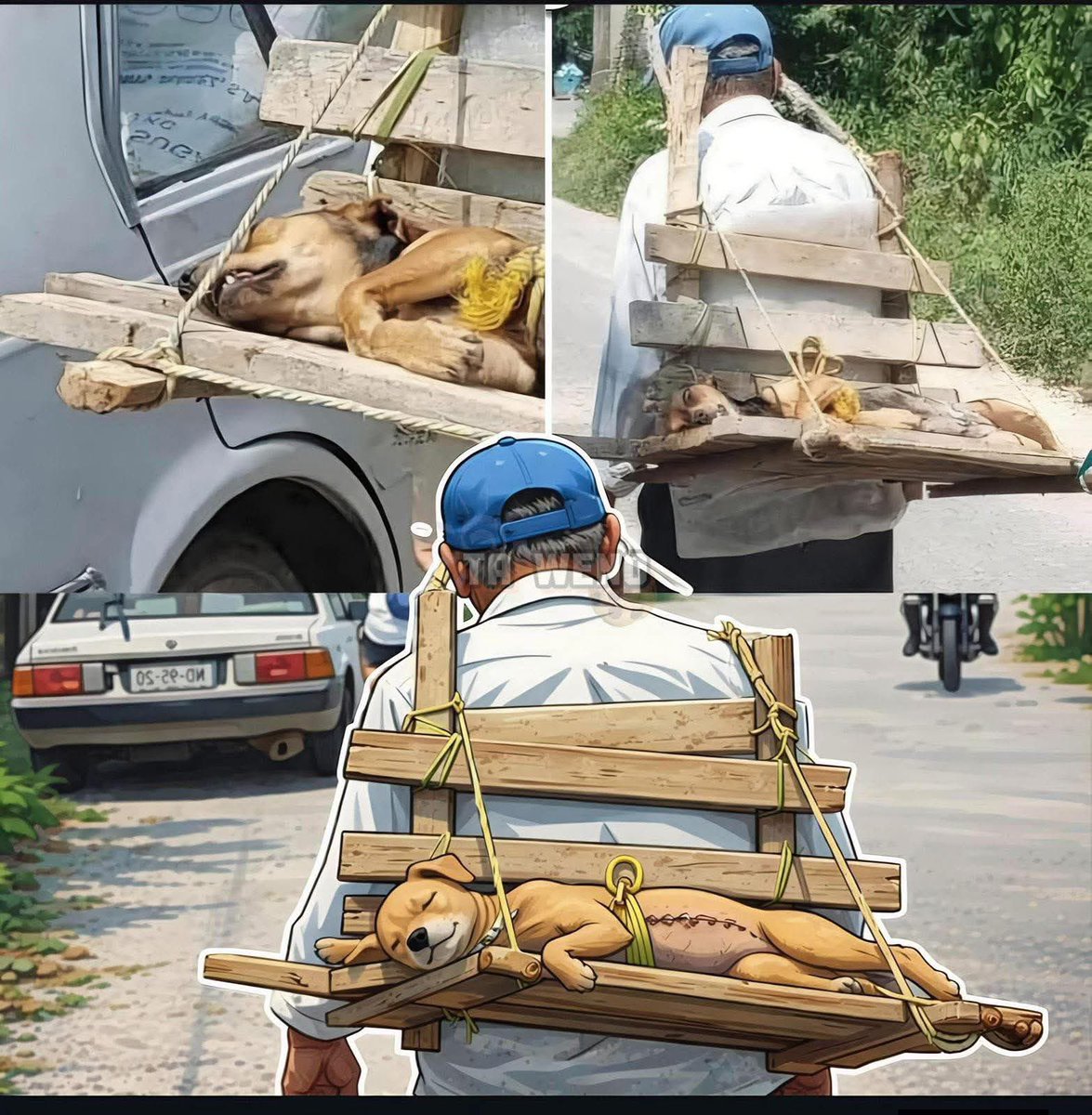 ❗ RECIÉN OPERADA ‼️

En Cali, Colombia, un hombre caminó bajo el sol cargando en su espalda lo más valioso que tiene: su perrita recién operada. Sin dinero para un transporte, construyó con madera y cuerdas una camilla improvisada para que ella no sufriera ni un paso del regreso