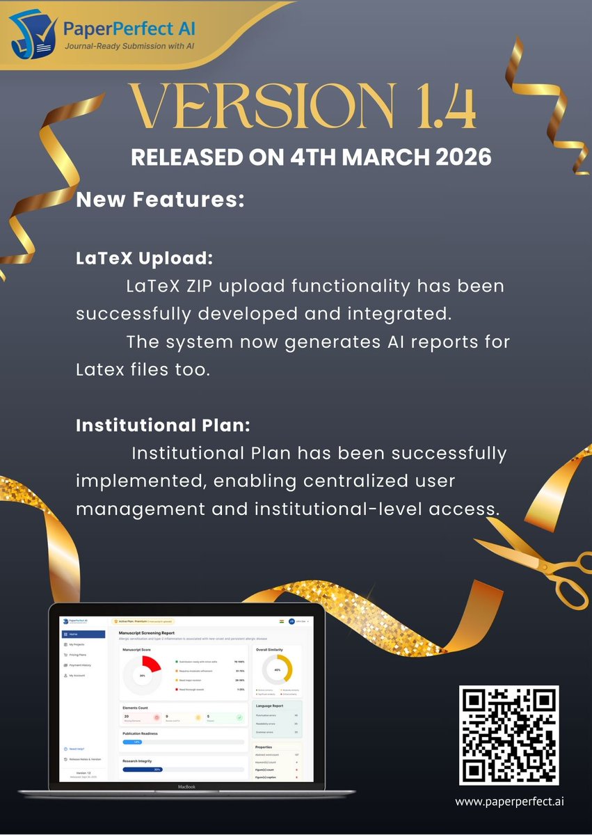 PaperPerfect AI v1.4 is here!
PaperPerfect AI is now stronger, smarter, and more scalable than ever.
Submit with Confidence. Publish with Pride.

#PaperPerfectAI #LaTeX #ScholarlyPublishing #AIinResearch