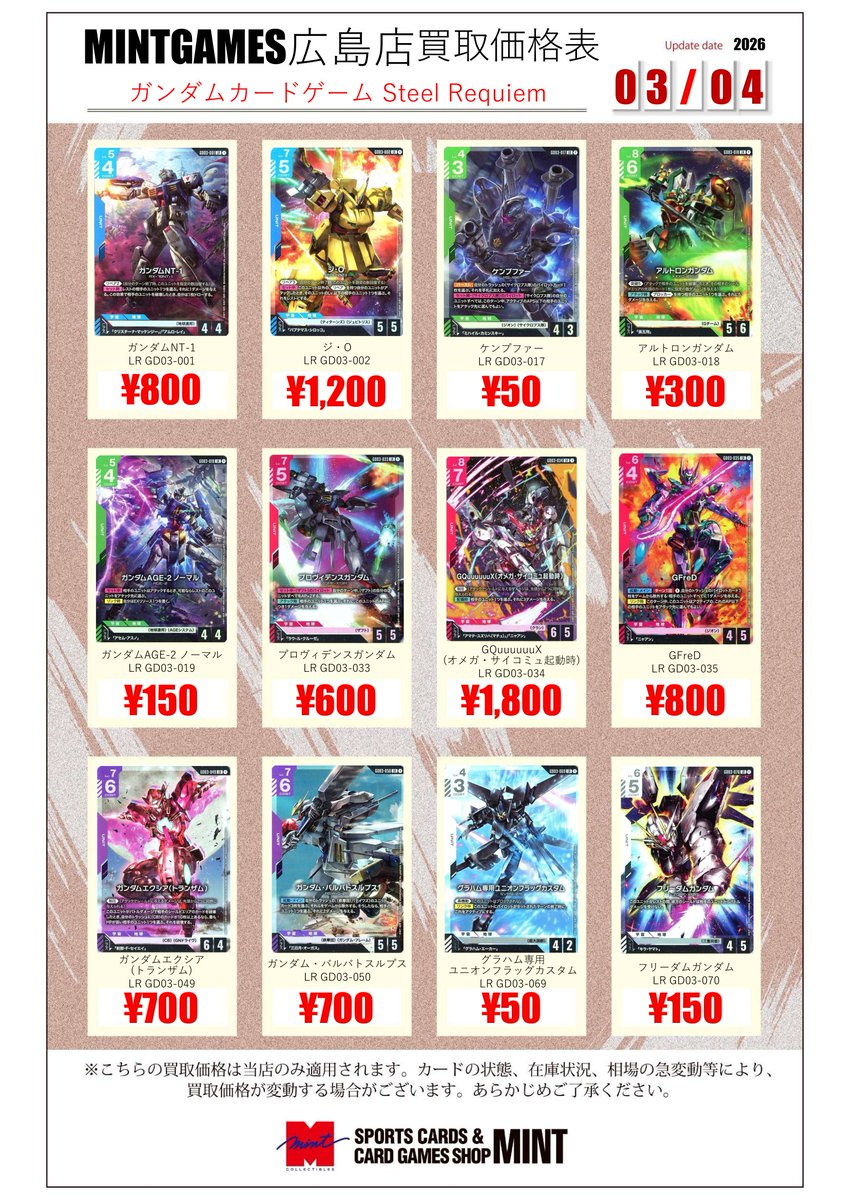 買取情報】 ガンダムカードゲーム 汎用カードの買取表を更新致しました